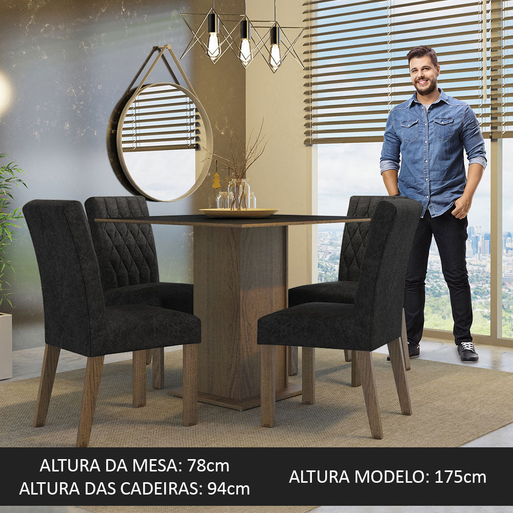 Conjunto Sala de Jantar Mesa Tampo de Madeira 4 Cadeiras Rustic/Preto/Oxford Livia Madesa