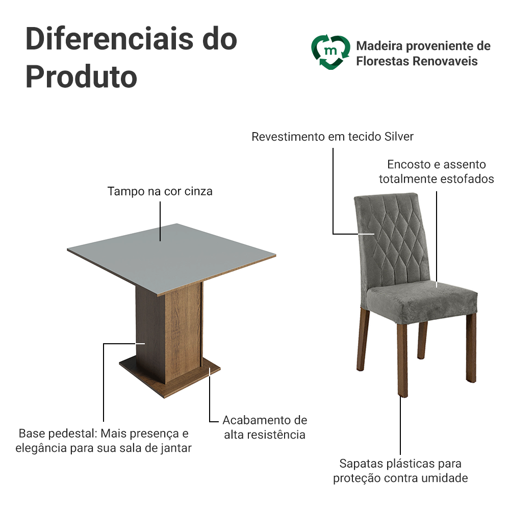 Conjunto Sala de Jantar Mesa Tampo de Madeira 4 Cadeiras Rustic/Cinza/Silver Livia Madesa