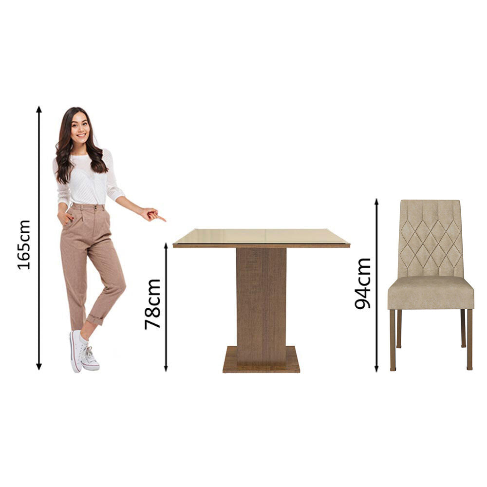 Conjunto Sala de Jantar Mesa Tampo de Vidro 4 Cadeiras Rustic/Crema/Imperial Anaju Madesa