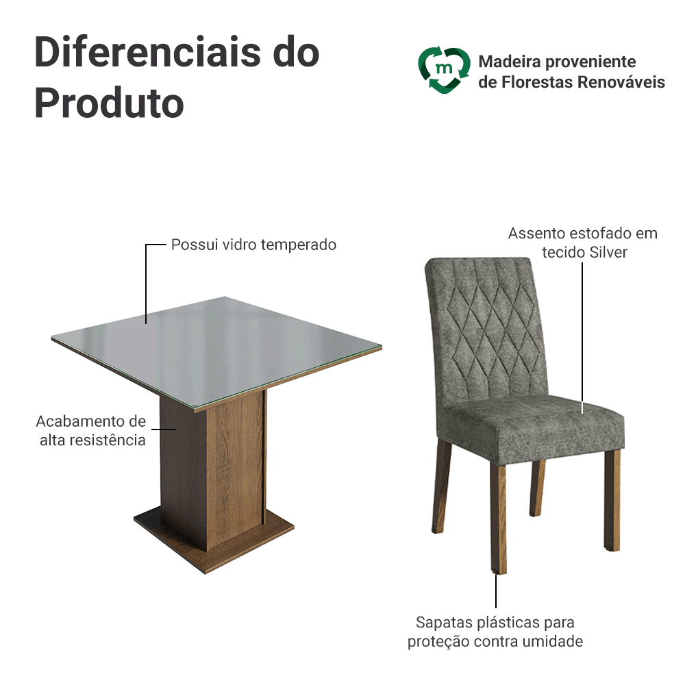 Conjunto Sala de Jantar Mesa Tampo de Vidro 4 Cadeiras Rustic/Cinza/Silver Anaju Madesa