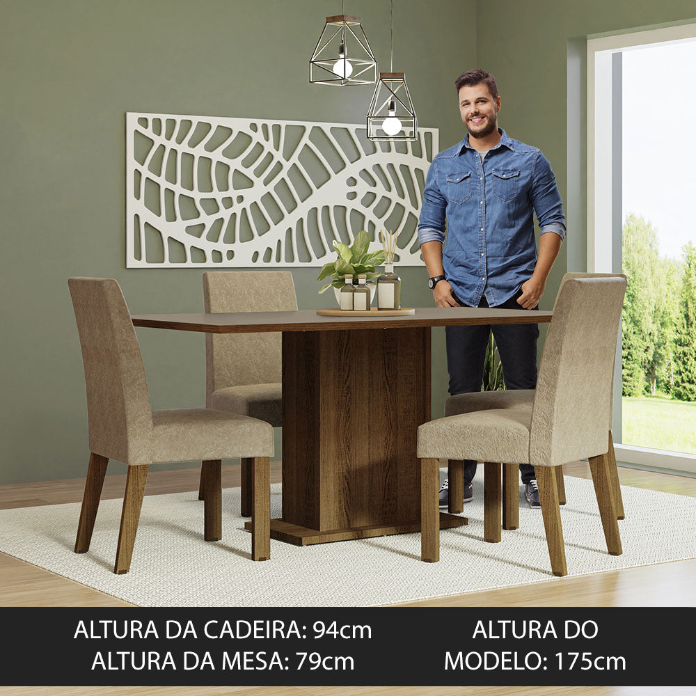 Conjunto Sala de Jantar Mesa Tampo de Madeira 4 Cadeiras Rustic/Crema/Imperial Keila Madesa