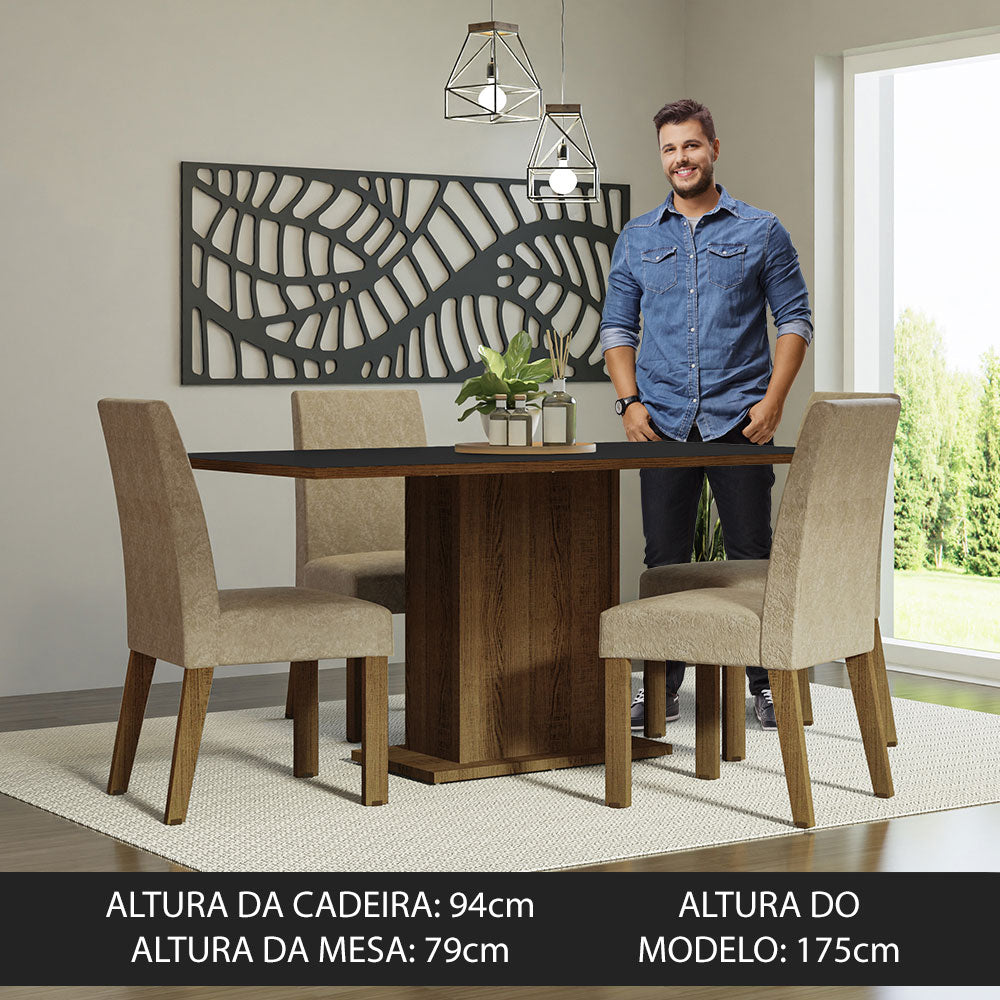 Conjunto Sala de Jantar Mesa Tampo de Madeira 4 Cadeiras Rustic/Preto/Imperial Keila Madesa
