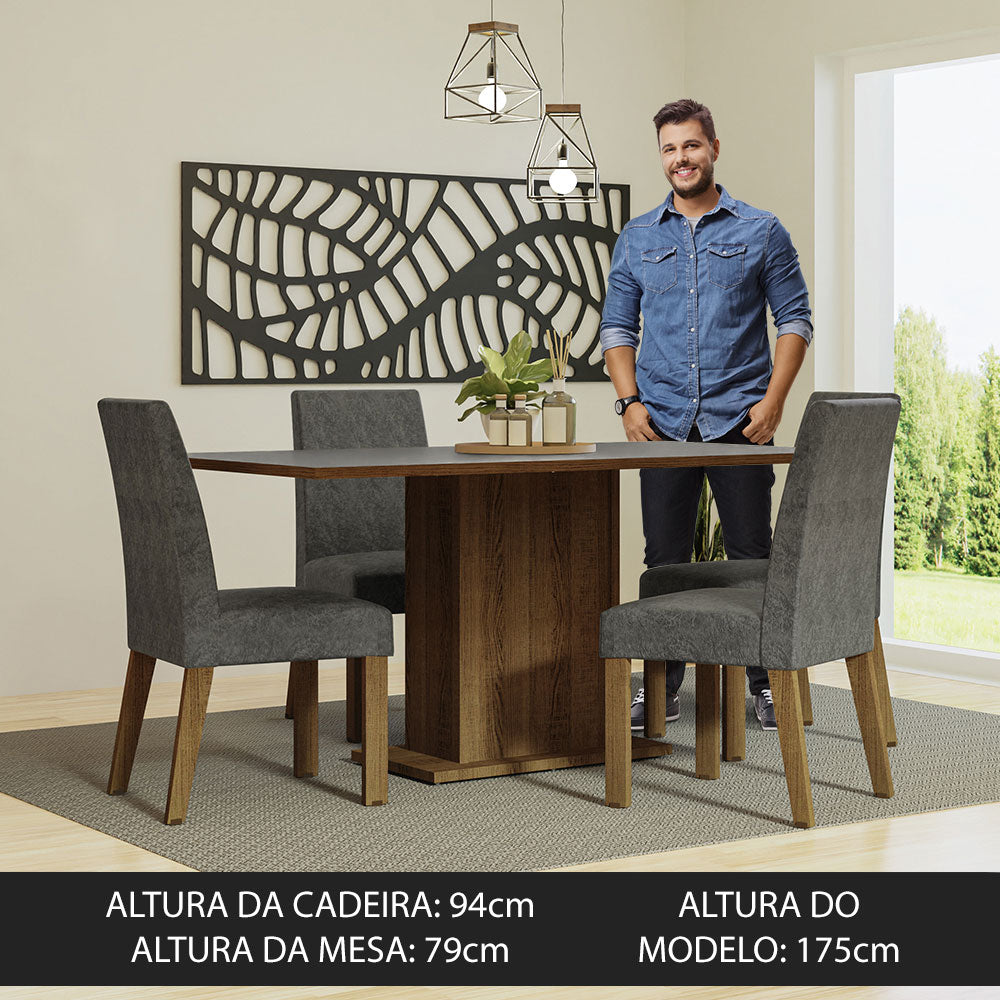 Conjunto Sala de Jantar Mesa Tampo de Madeira 4 Cadeiras Rustic/Cinza/Silver Keila Madesa