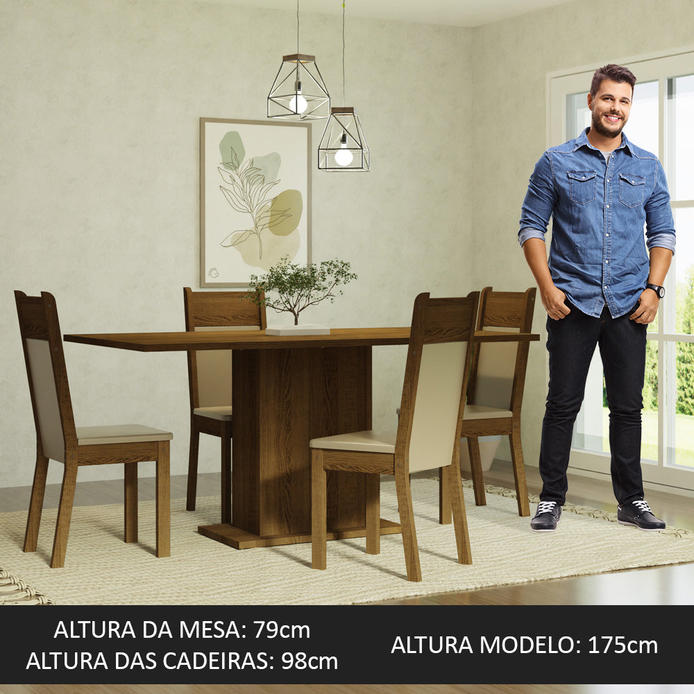 Conjunto Sala de Jantar Mesa Tampo de Madeira 4 Cadeiras Rustic/Crema/Bege Elisa Madesa