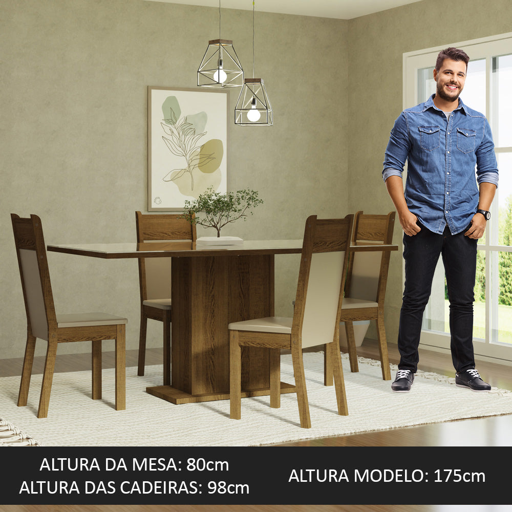 Conjunto Sala de Jantar Mesa Tampo de Vidro 4 Cadeiras Crema/Rustic/Bege Greta Madesa
