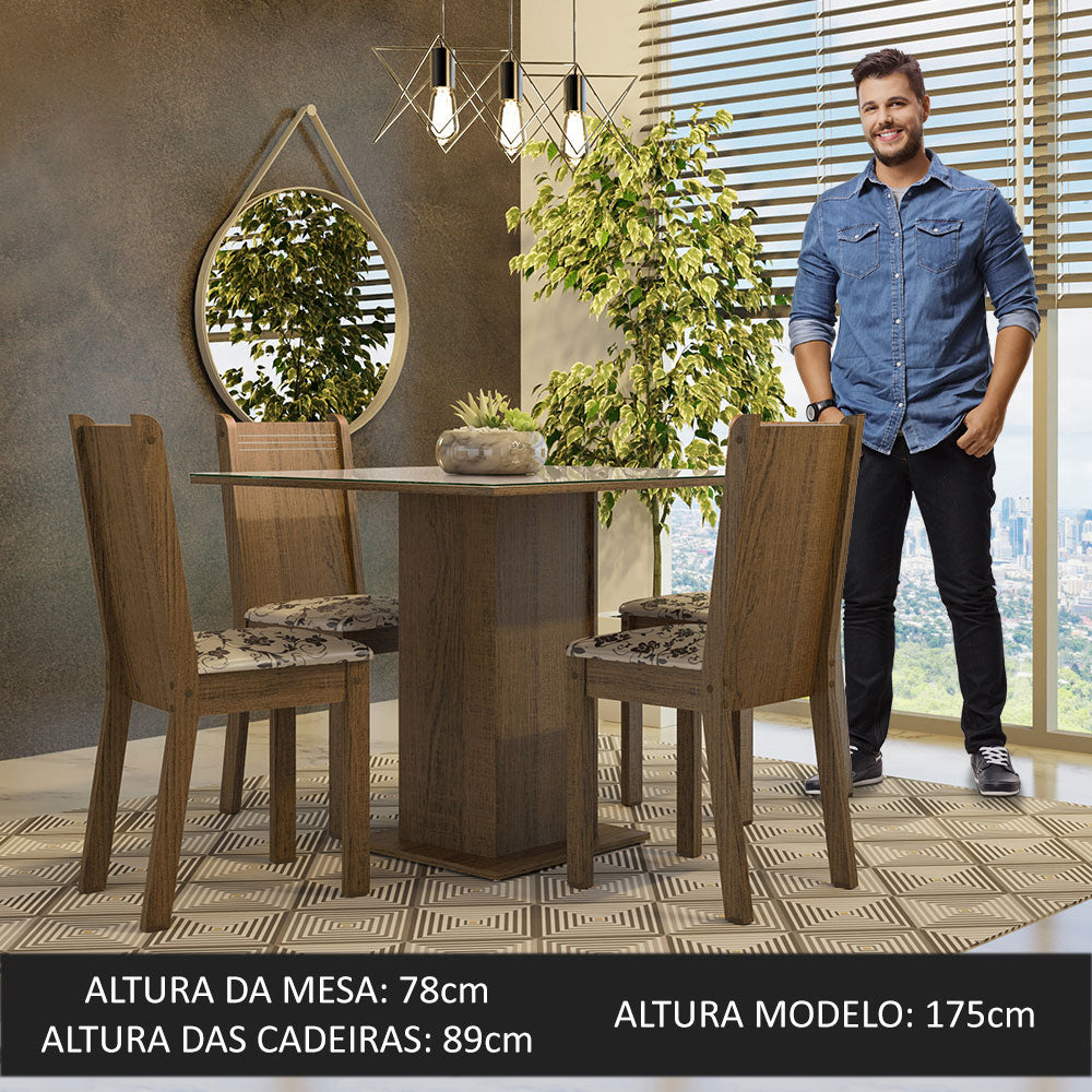 Conjunto Sala de Jantar Mesa Tampo de Vidro 4 Cadeiras Rustic/Crema/Bege Marrom Perla Madesa