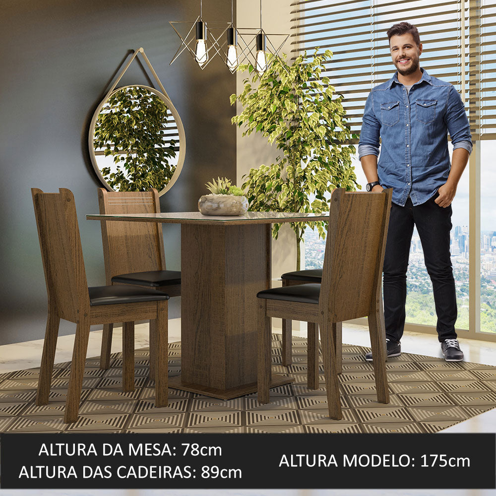 Conjunto Sala de Jantar Mesa Tampo de Vidro 4 Cadeiras Rustic/Crema/Preto Perla Madesa