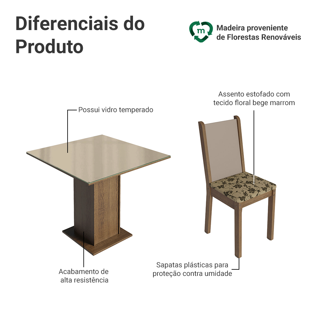 Conjunto Sala de Jantar Mesa Tampo de Vidro 4 Cadeiras Rustic/Crema/Bege Marrom Tifani Madesa
