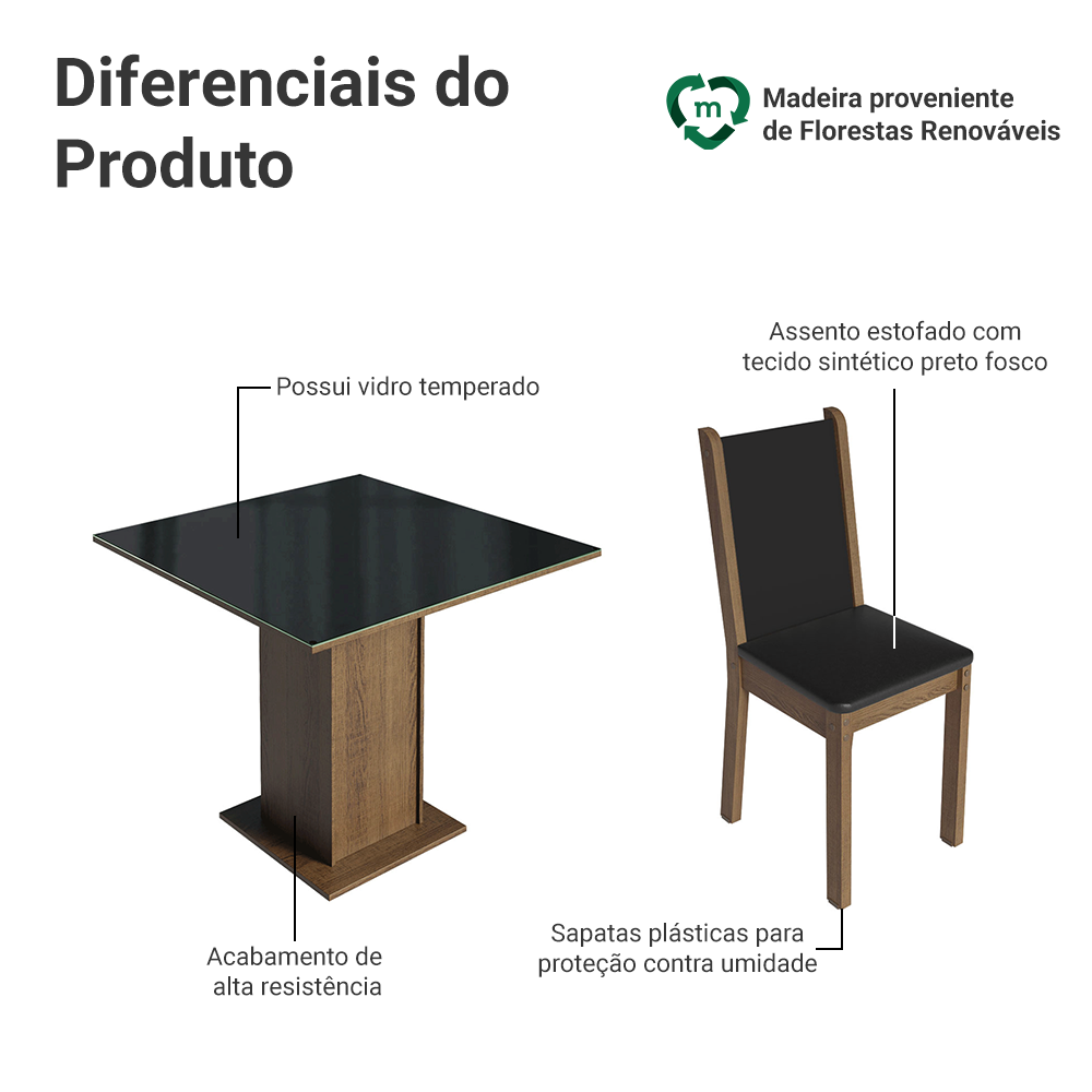 Conjunto Sala de Jantar Mesa Tampo de Vidro 4 Cadeiras Rustic/Preto Tifani Madesa