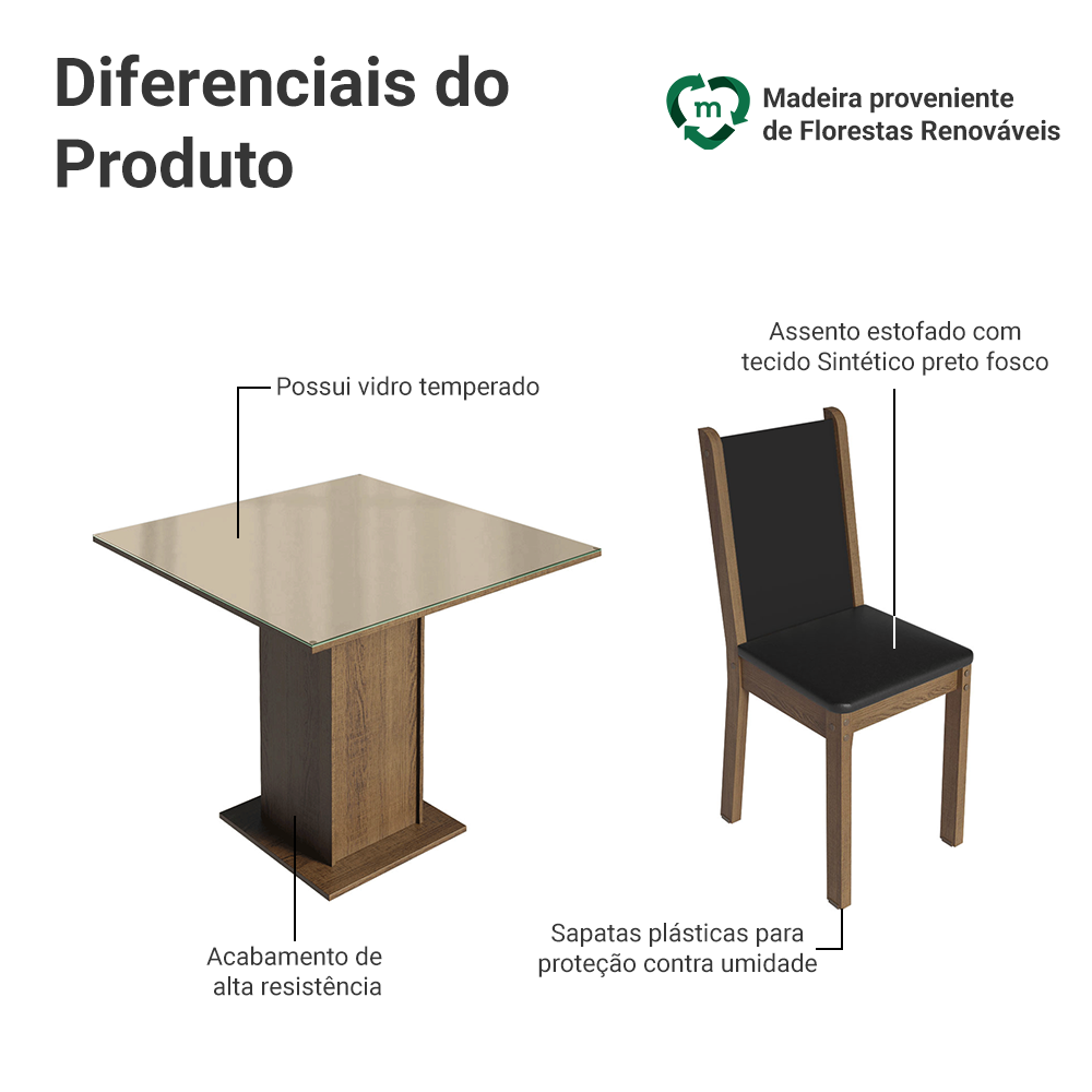Conjunto Sala de Jantar Mesa Tampo de Vidro 4 Cadeiras Rustic/Crema/Preto Tifani Madesa