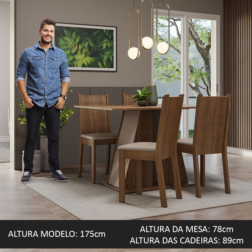 Conjunto Sala de Jantar Mesa Tampo de Madeira 4 Cadeiras Rustic/Crema/Bege Marilyn Madesa