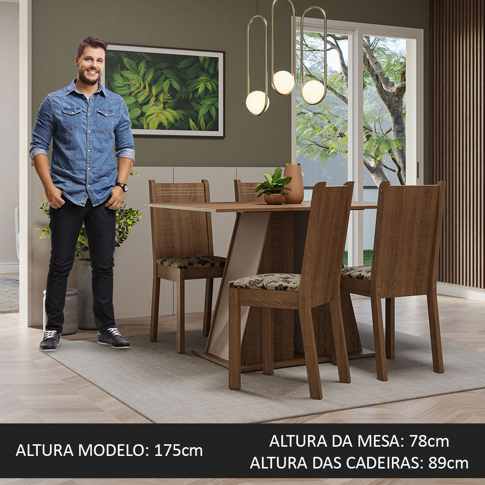 Conjunto Sala de Jantar Mesa Tampo de Madeira 4 Cadeiras Rustic/Crema/Bege Marrom Marilyn Madesa