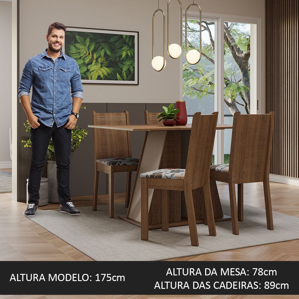 Conjunto Sala de Jantar Mesa Tampo de Madeira 4 Cadeiras Rustic/Crema/Hibiscos Marilyn Madesa
