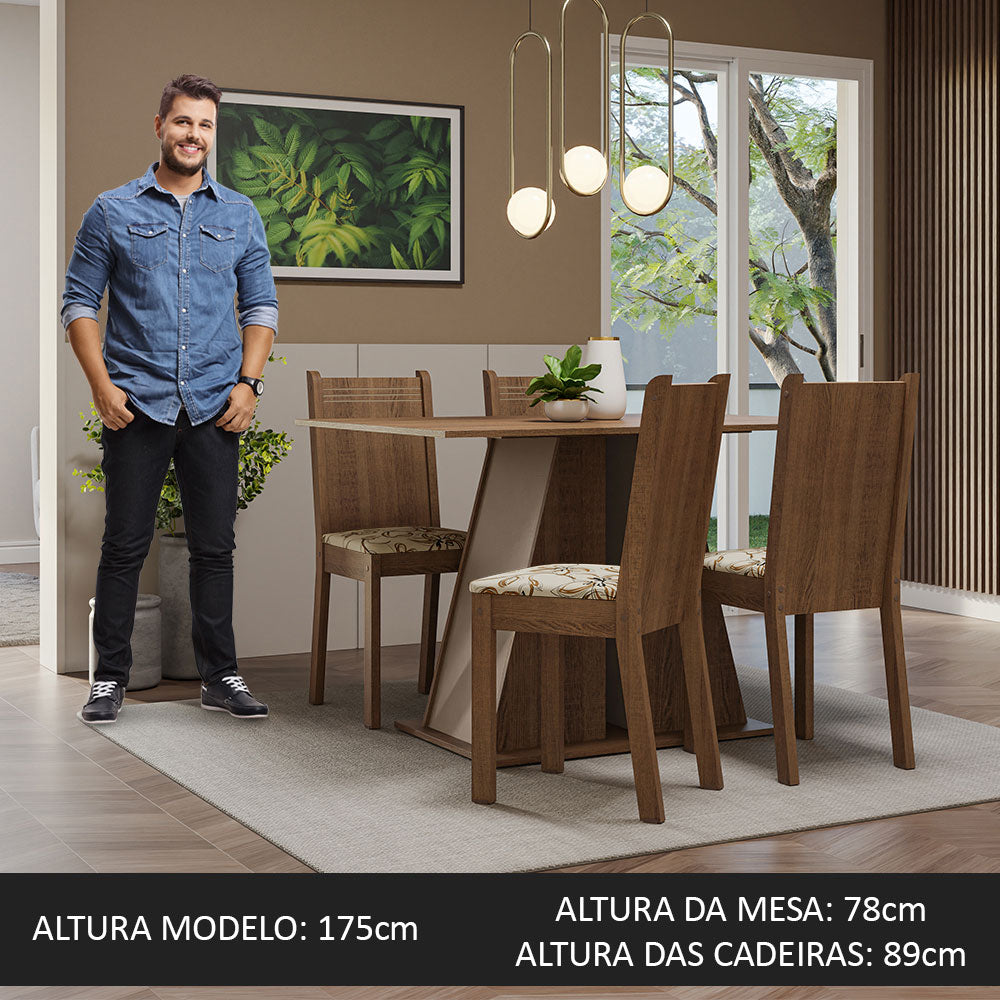 Conjunto Sala de Jantar Mesa Tampo de Madeira 4 Cadeiras Rustic/Crema/Lírio Bege Marilyn Madesa