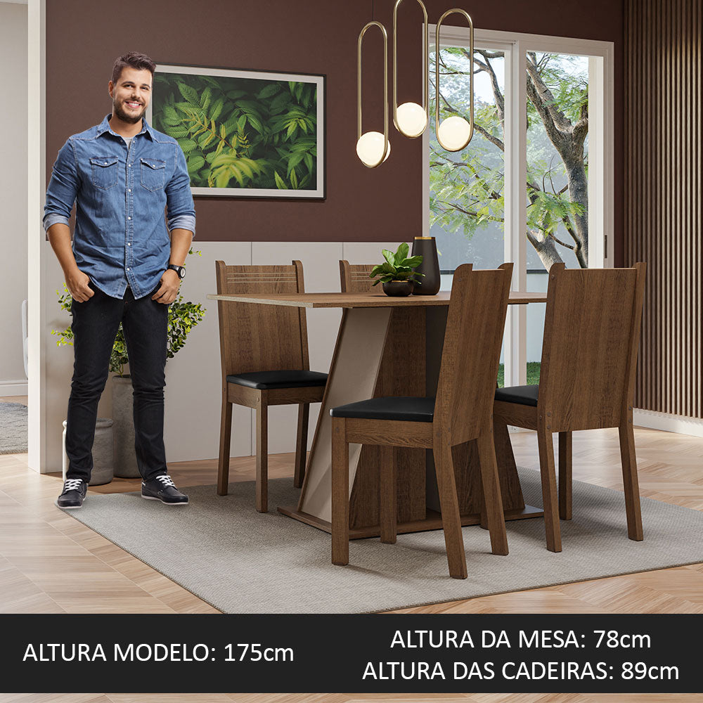 Conjunto Sala de Jantar Mesa Tampo de Madeira 4 Cadeiras Rustic/Crema/Preto Marilyn Madesa