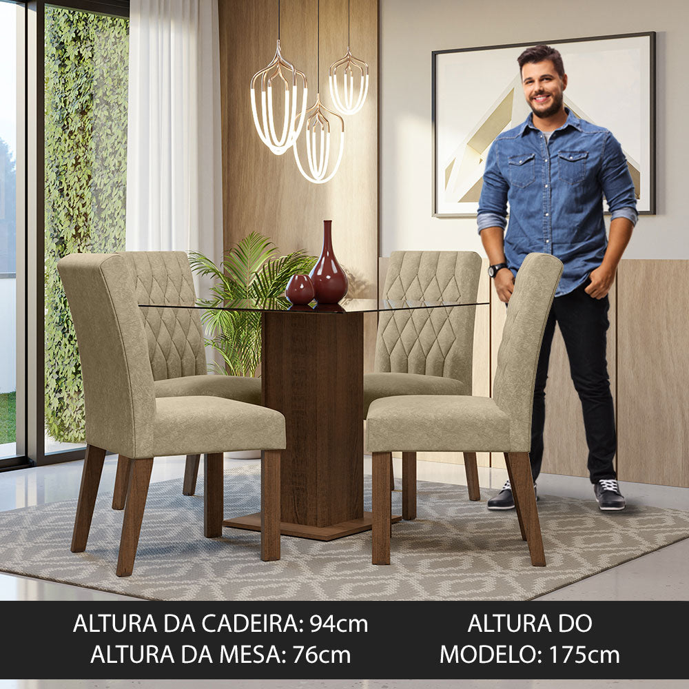 Conjunto Sala de Jantar Mesa Tampo de Vidro 4 Cadeiras Rustic/Imperial Noemi Madesa