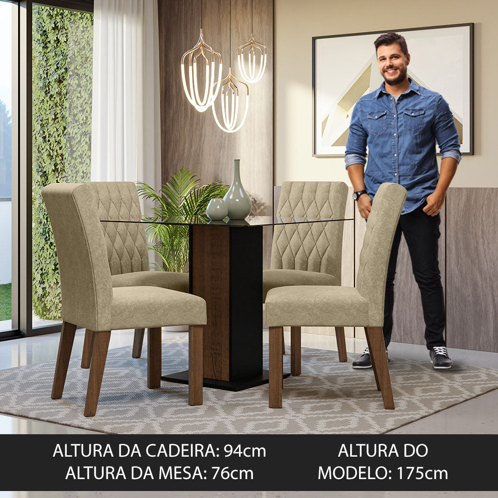 Conjunto Sala de Jantar Mesa Tampo de Vidro 4 Cadeiras Rustic/Preto/Imperial Noemi Madesa