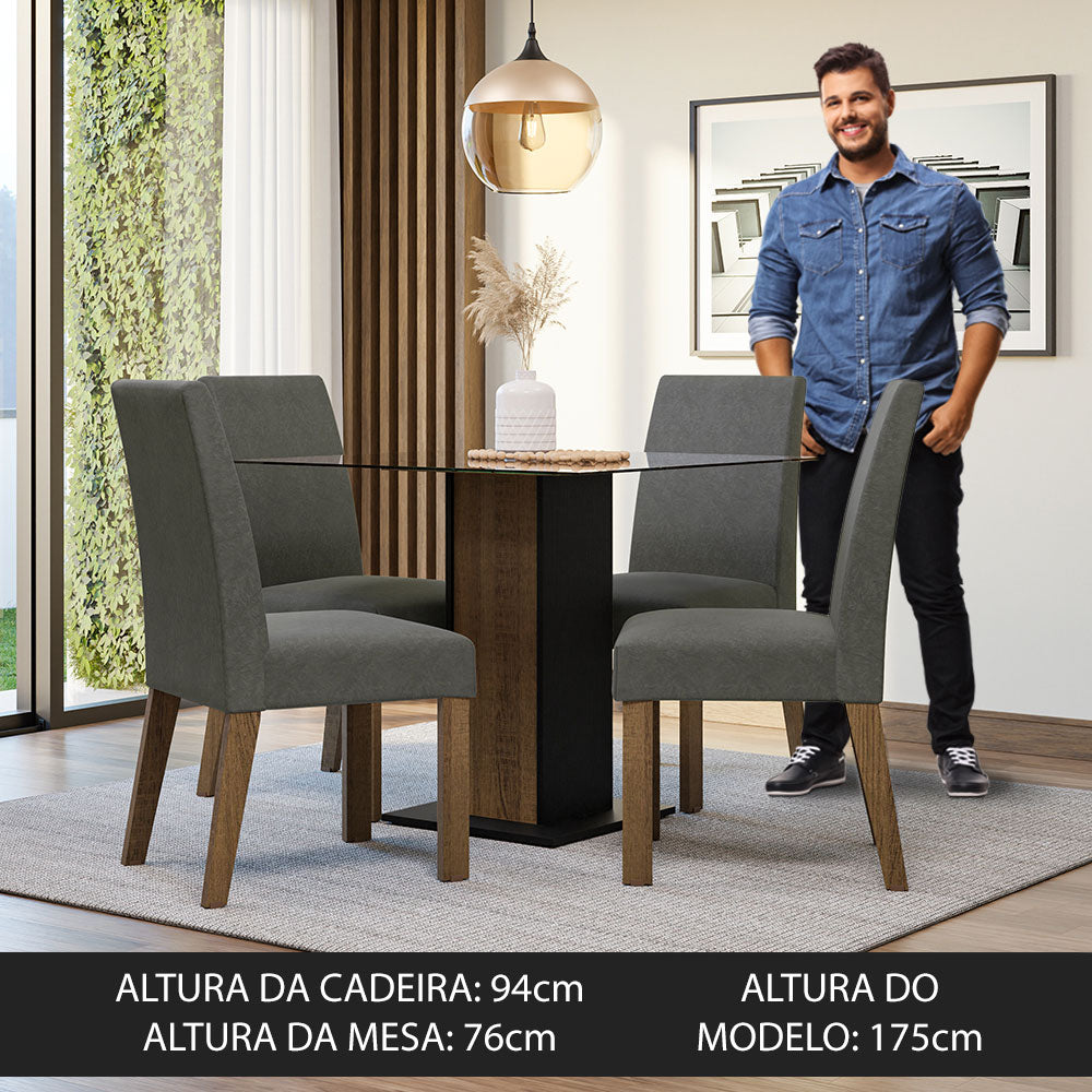 Conjunto Sala de Jantar Mesa Tampo de Vidro 4 Cadeiras Rustic/Preto/Silver Ivy  Madesa