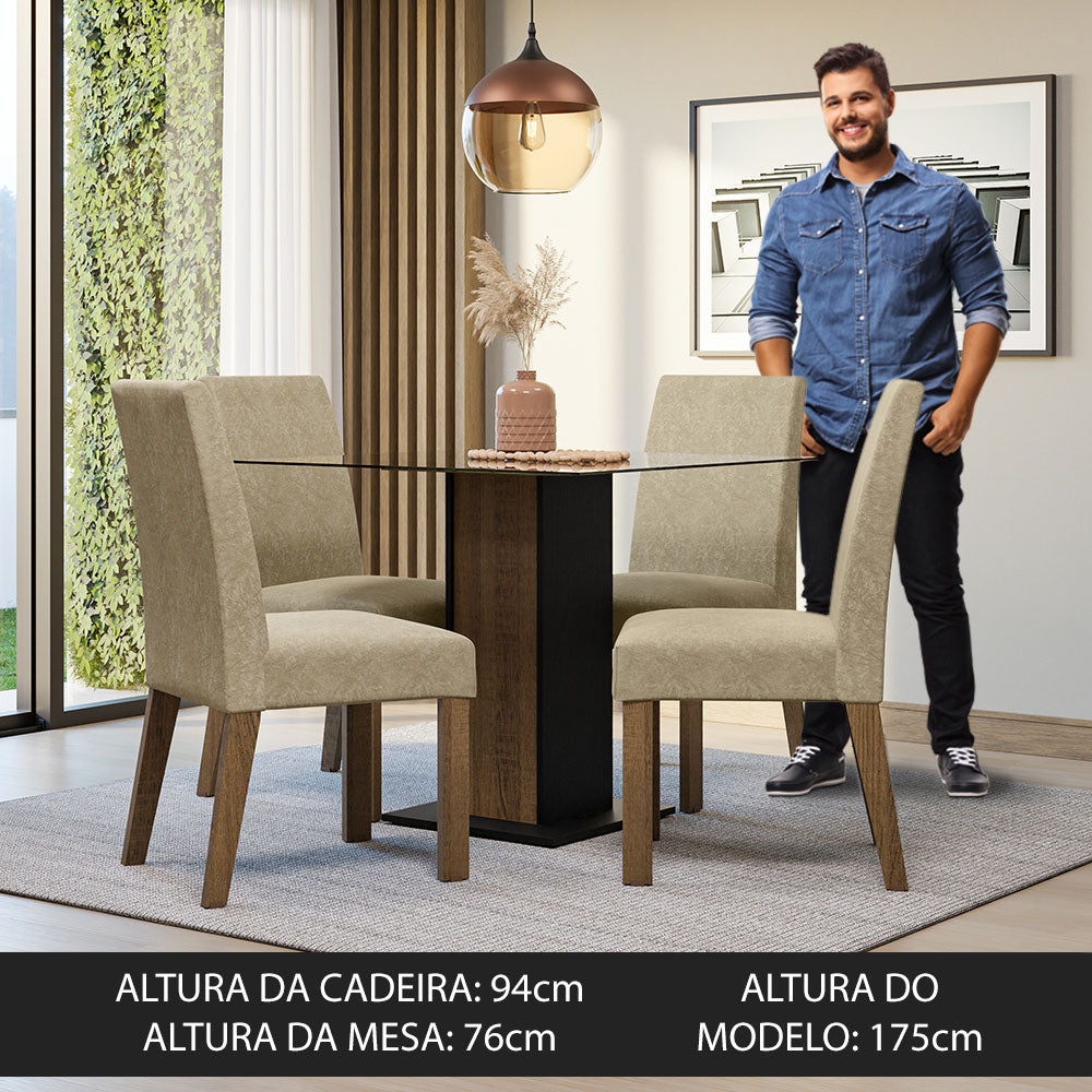 Conjunto Sala de Jantar Mesa Tampo de Vidro 4 Cadeiras Rustic/Preto/Imperial Ivy Madesa