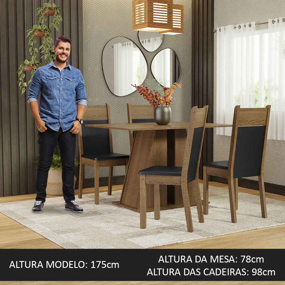 Conjunto Sala de Jantar Mesa Tampo de Madeira 4 Cadeiras Rustic/Preto Angel Madesa