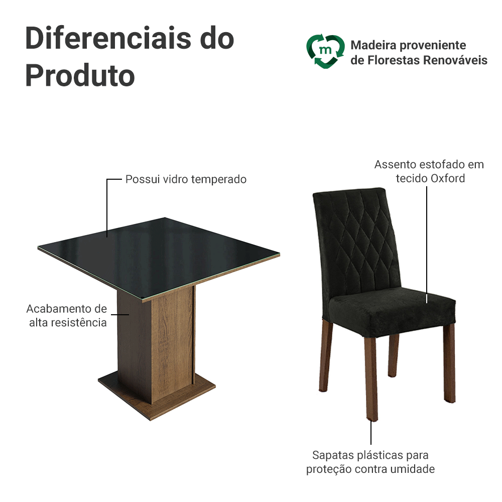 Conjunto Sala de Jantar Mesa Tampo de Vidro 4 Cadeiras Rustic/Preto/Oxford Anaju Madesa