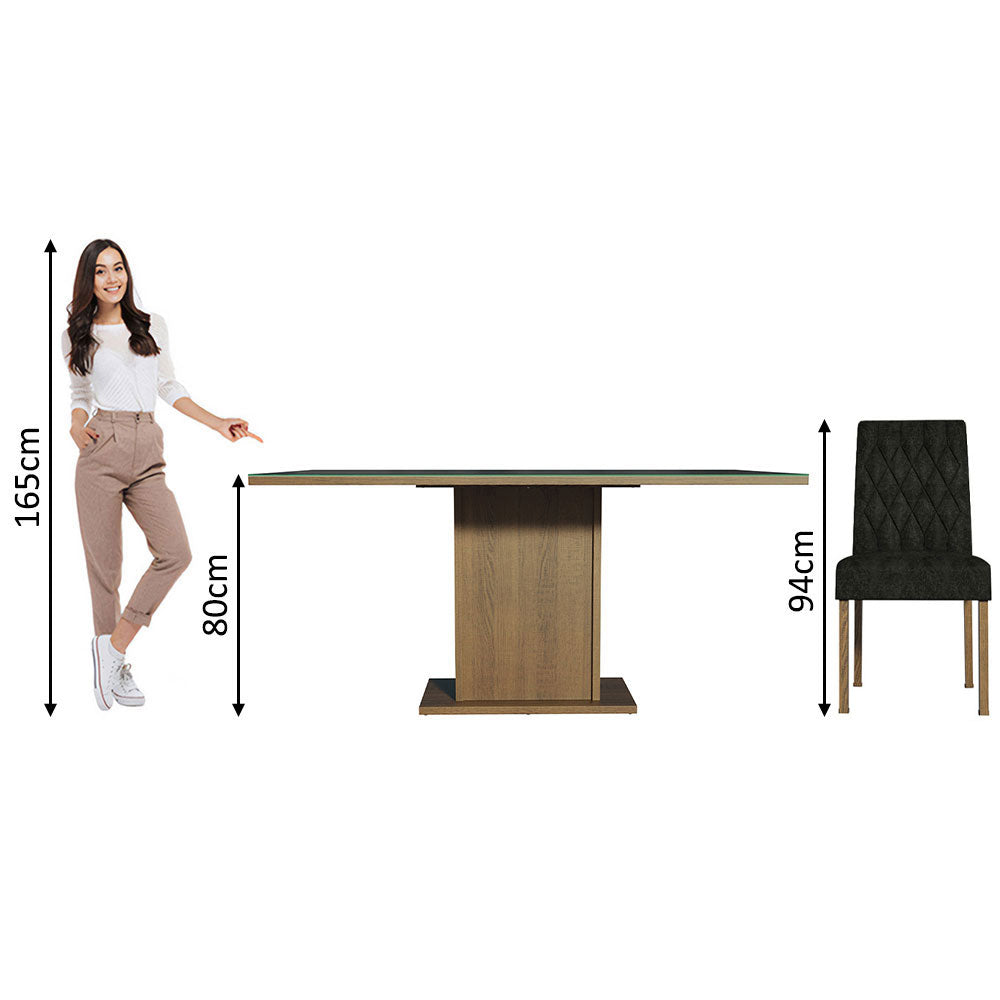 Conjunto Sala de Jantar Mesa Tampo de Vidro 4 Cadeiras Rustic/Preto/Oxford Marilia Madesa