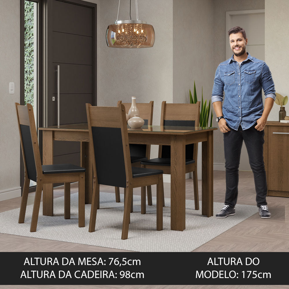 Conjunto Sala de Jantar Mesa Tampo de Vidro 4 Cadeiras Rustic/Preto Eloá Madesa