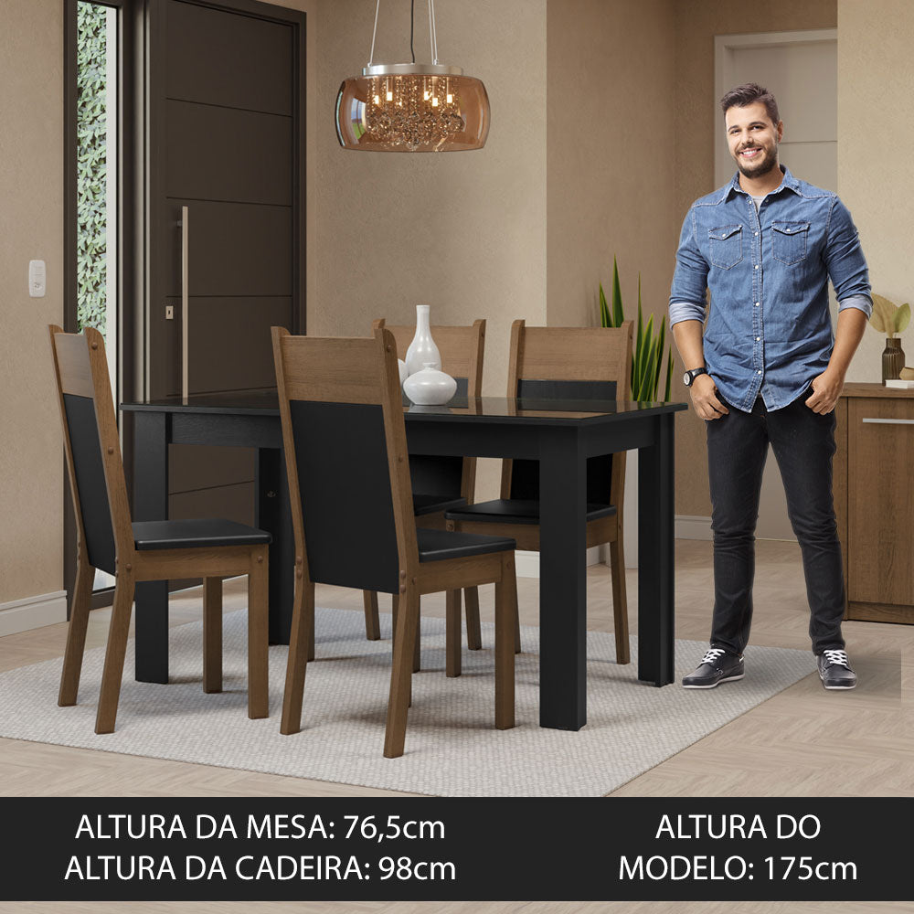 Conjunto Sala de Jantar Mesa Tampo de Vidro 4 Cadeiras Preto/Rustic Eloá Madesa