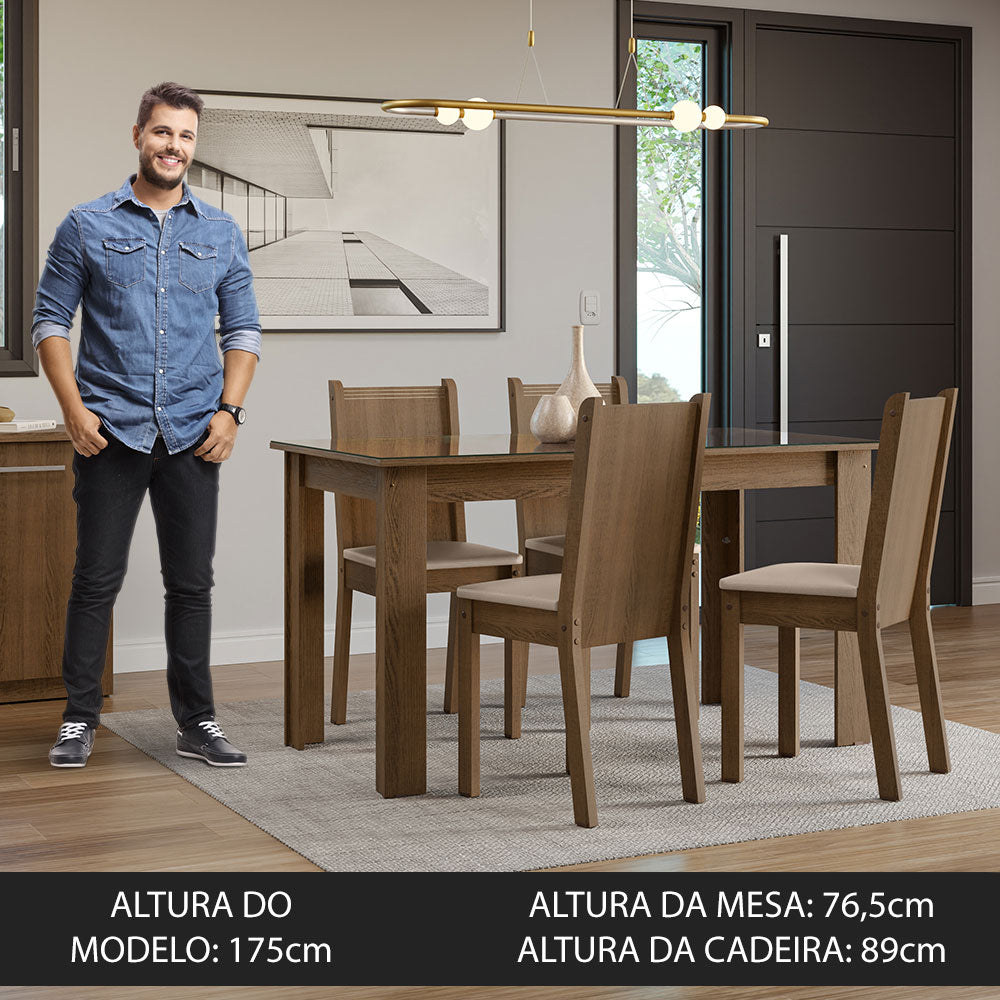 Conjunto Sala de Jantar Mesa Tampo de Vidro 4 Cadeiras Rustic/Sintético Bege Kiara Madesa