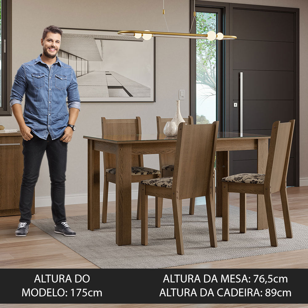 Conjunto Sala de Jantar Mesa Tampo de Vidro 4 Cadeiras Rustic/Bege Marrom Kiara Madesa
