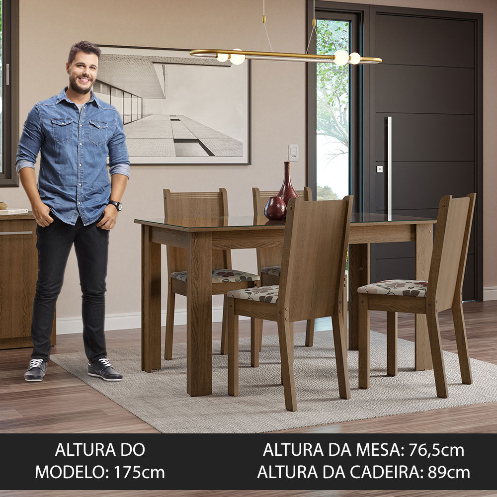 Conjunto Sala de Jantar Mesa Tampo de Vidro 4 Cadeiras Rustic/Hibiscos Kiara Madesa