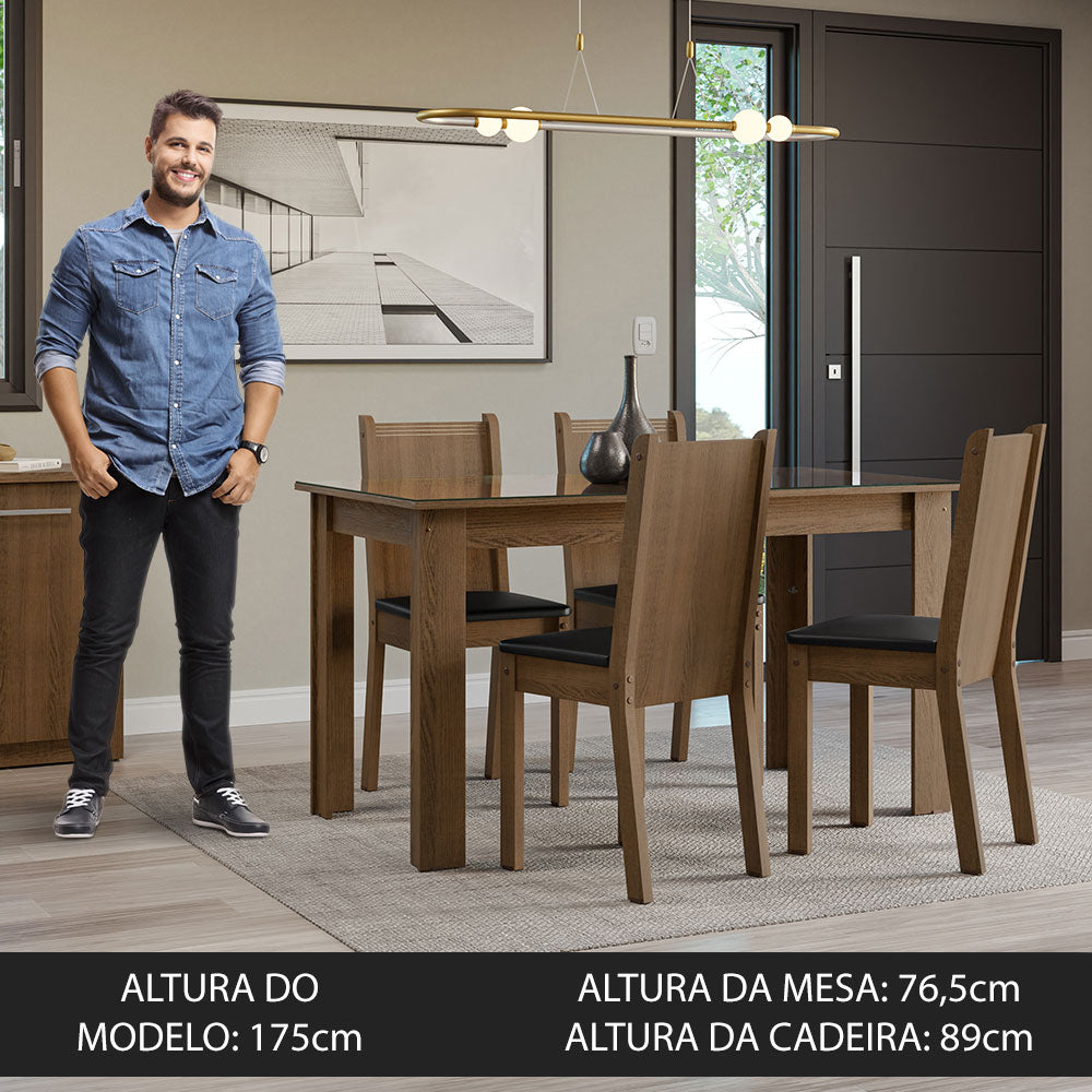 Conjunto Sala de Jantar Mesa Tampo de Vidro 4 Cadeiras Rustic/Sintético Preto Kiara Madesa