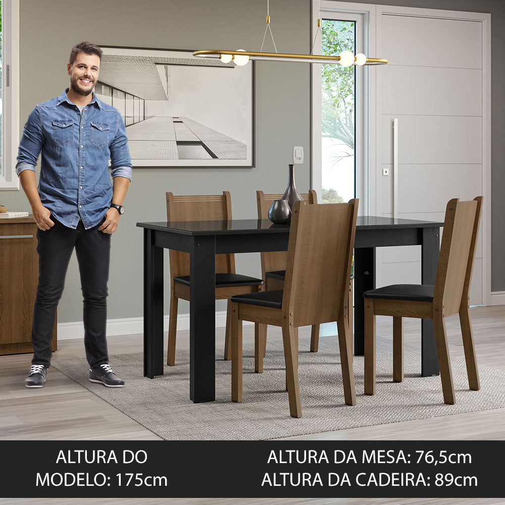 Conjunto Sala de Jantar Mesa Tampo de Vidro 4 Cadeiras Preto/Rustic Kiara Madesa