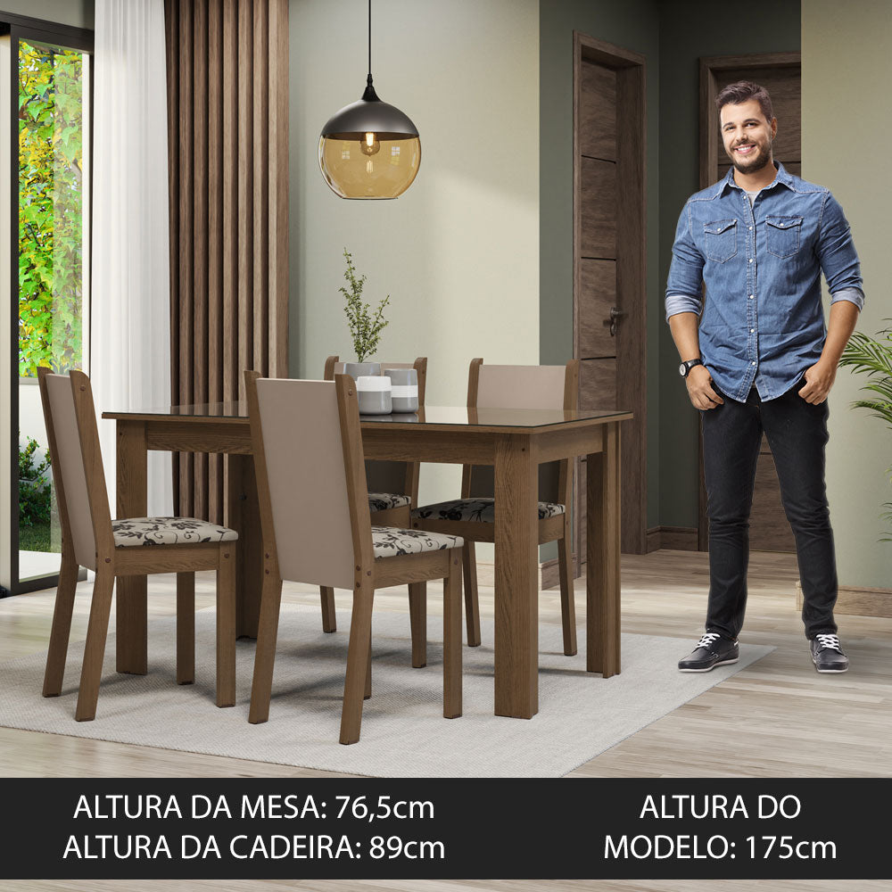 Conjunto Sala de Jantar Mesa Tampo de Vidro 4 Cadeiras Rustic/Crema/Bege Marrom Suzy Madesa