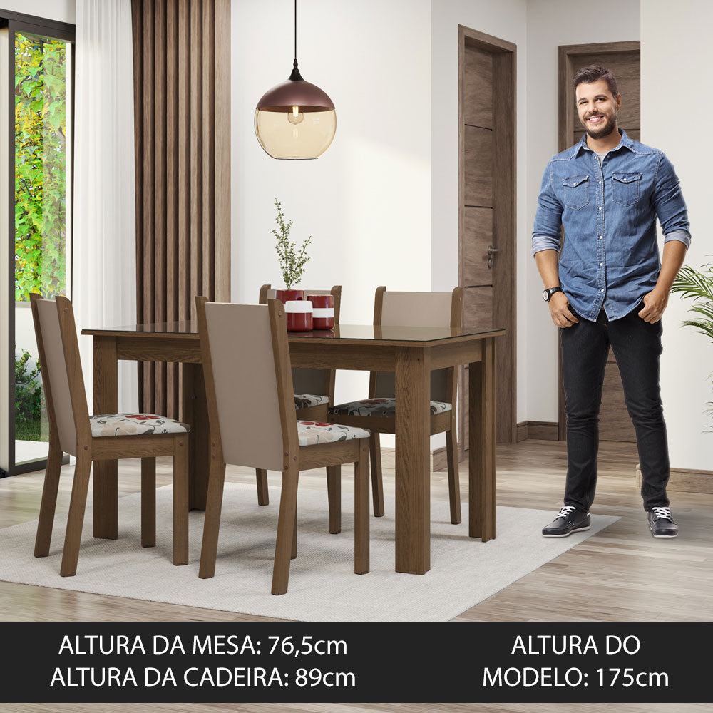 Conjunto Sala de Jantar Mesa Tampo de Vidro 4 Cadeiras Rustic/Crema/Hibiscos Suzy Madesa