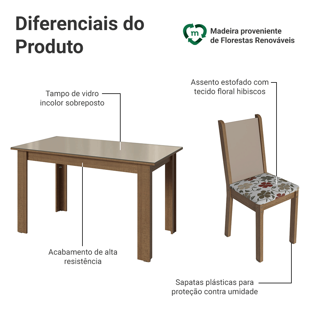 Conjunto Sala de Jantar Magnólia Mesa Tampo de Vidro 4 Cadeiras Rustic/Crema/Floral Hibiscos Madesa