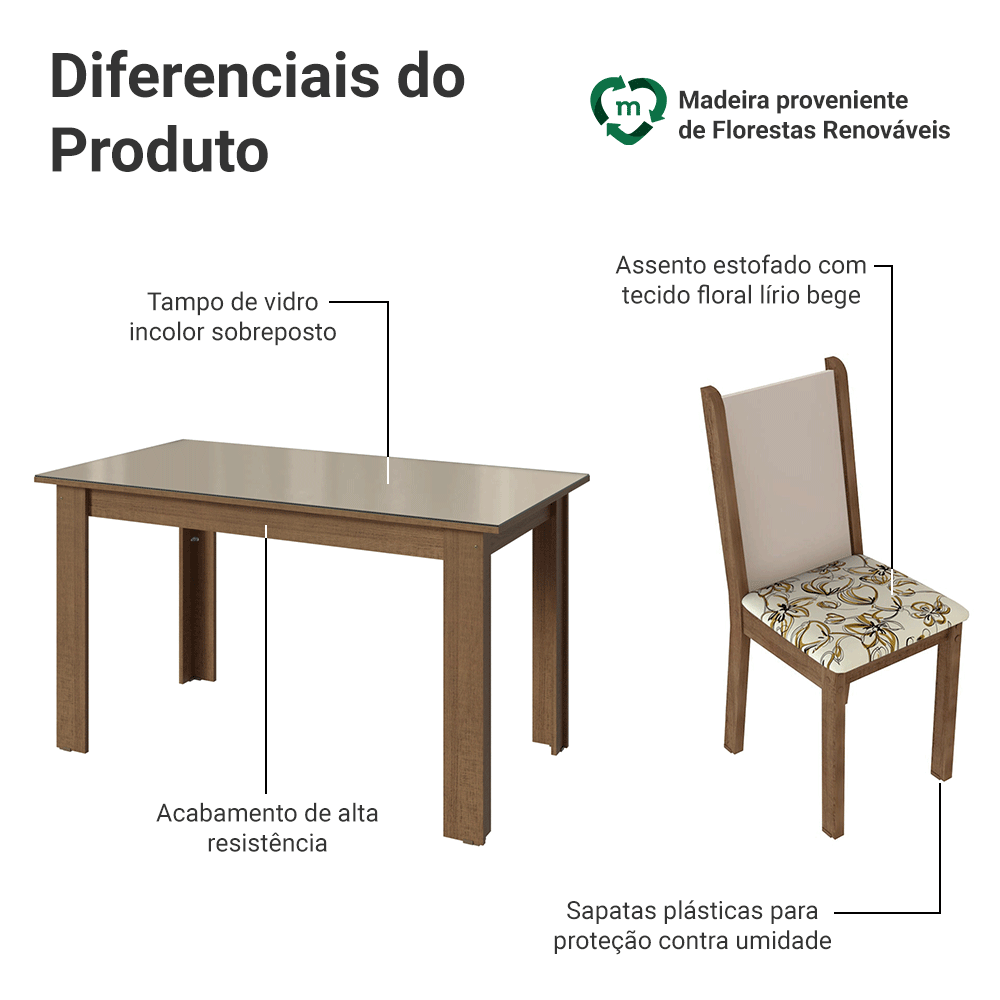 Conjunto Sala de Jantar Magnólia Mesa Tampo de Vidro 4 Cadeiras Rustic/Crema/Lírio Bege Madesa
