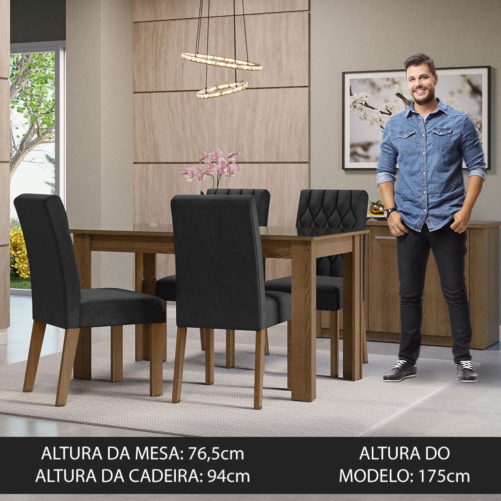 Conjunto Sala de Jantar Mesa Tampo de Vidro 4 Cadeiras Rustic/Oxford Celina Madesa