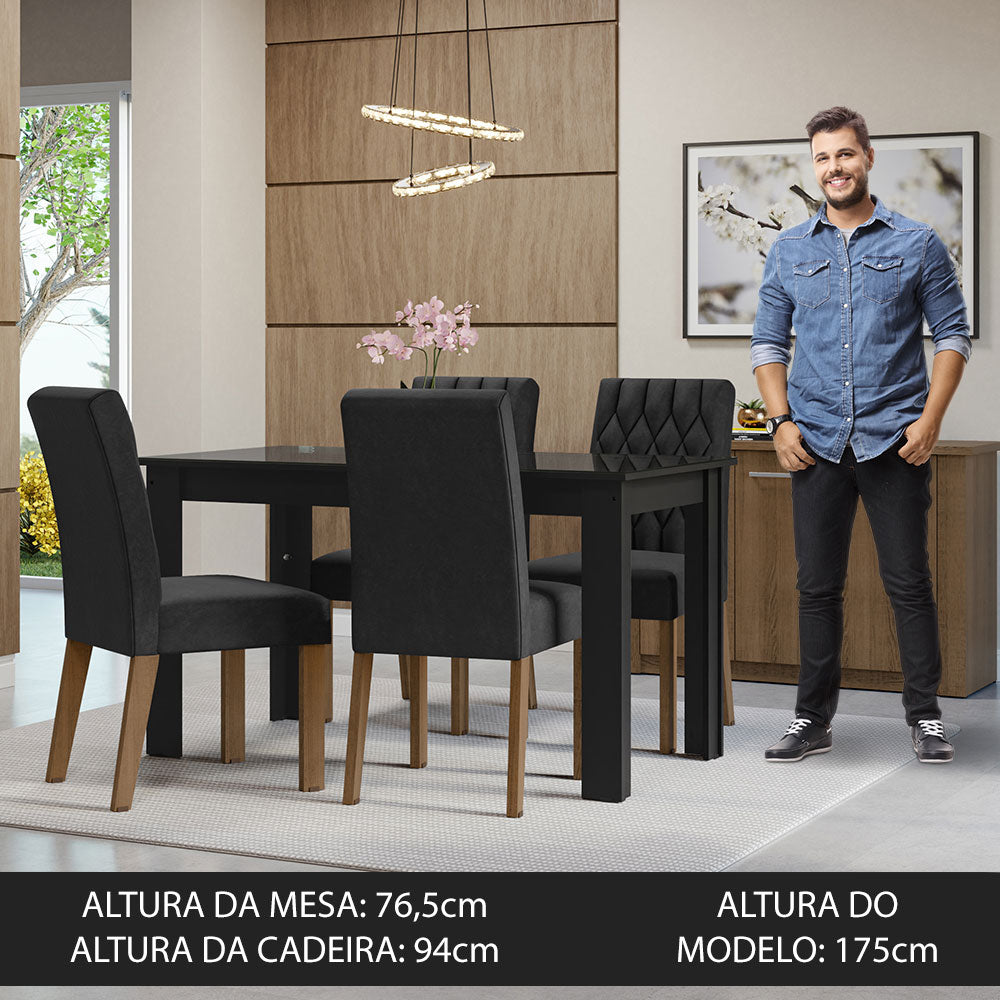 Conjunto Sala de Jantar Mesa Tampo de Vidro 4 Cadeiras Preto/Oxford Celina Madesa