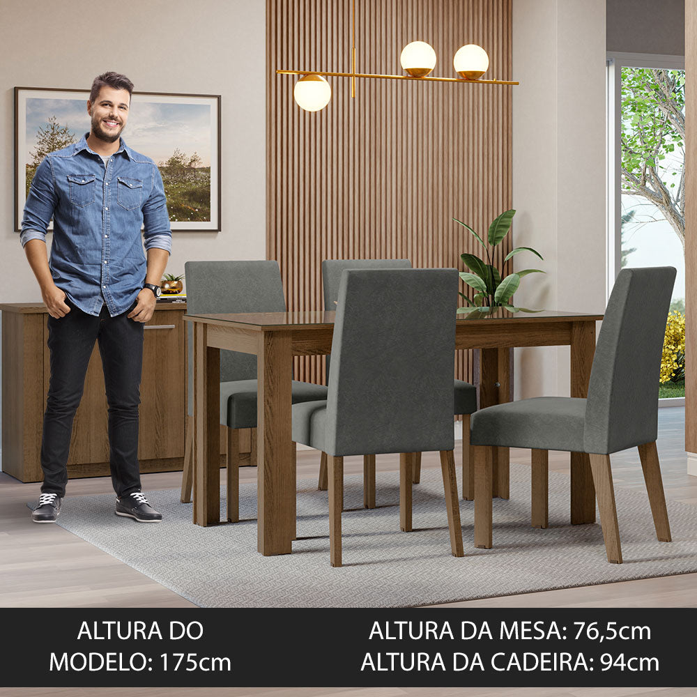 Conjunto Sala de Jantar Mesa Tampo de Vidro 4 Cadeiras Rustic/Silver Antônia Madesa