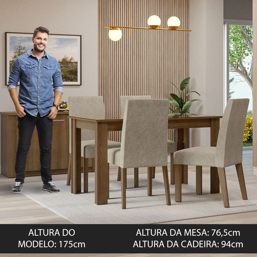 Conjunto Sala de Jantar Mesa Tampo de Vidro 4 Cadeiras Rustic/Imperial Antônia Madesa