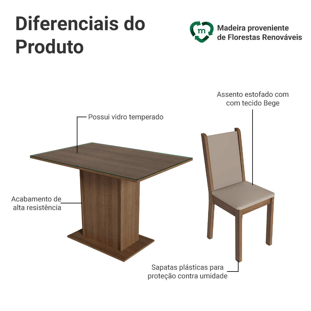 Conjunto Sala de Jantar Mesa Tampo de Vidro 4 Cadeiras Rustic/Crema/Sintético Bege Martina Madesa