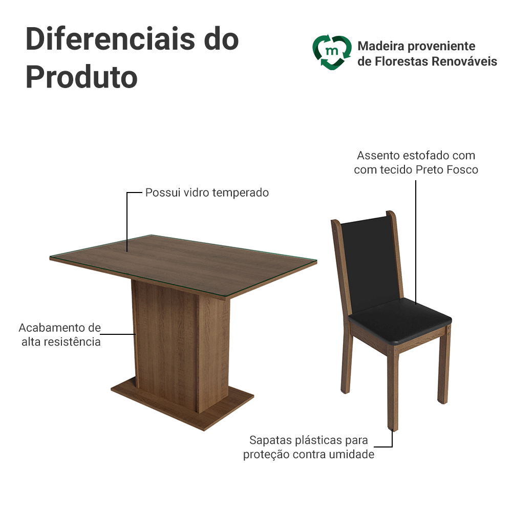 Conjunto Sala de Jantar Mesa Tampo de Vidro 4 Cadeiras Rustic/Preto Martina Madesa