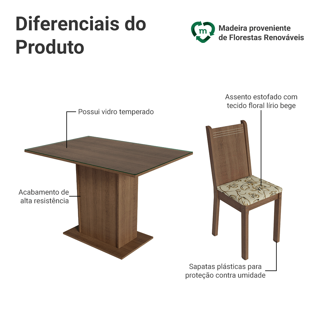 Conjunto Sala de Jantar Mesa Tampo de Vidro 4 Cadeiras Rustic/Lírio Bege Camélia Madesa