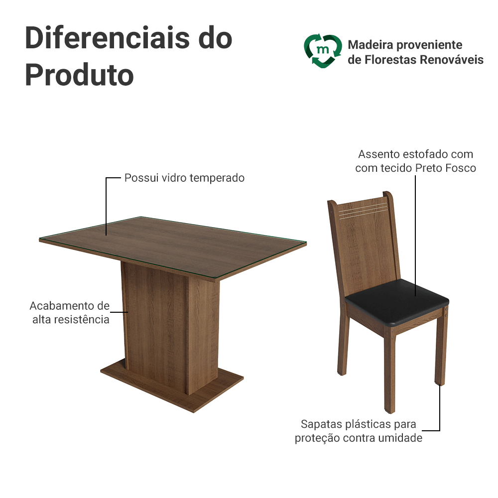 Conjunto Sala de Jantar Mesa Tampo de Vidro 4 Cadeiras Rustic/Preto Camélia Madesa