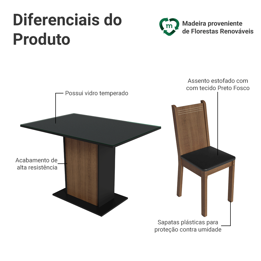 Conjunto Sala de Jantar Mesa Tampo de Vidro 4 Cadeiras Preto/Rustic Camélia Madesa