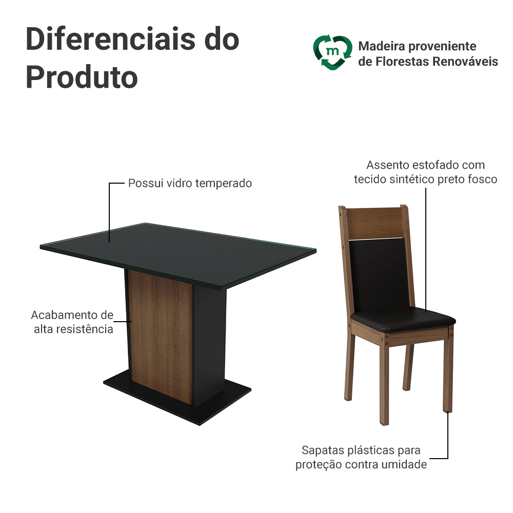 Conjunto Sala de Jantar Mesa Tampo de Vidro 4 Cadeiras Rustic/Preto Viena Madesa