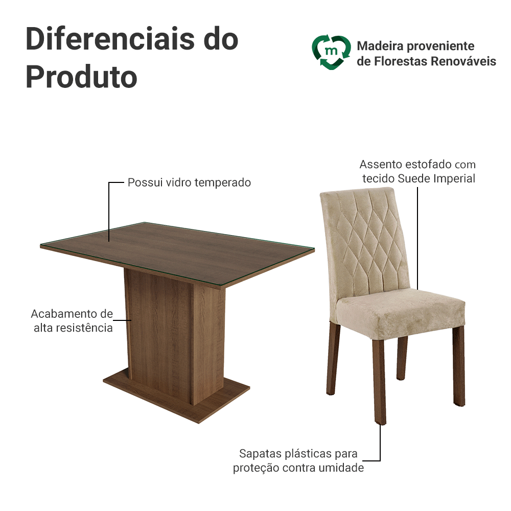 Conjunto Sala de Jantar Mesa Tampo de Vidro 4 Cadeiras Rustic/Imperial Reale Madesa