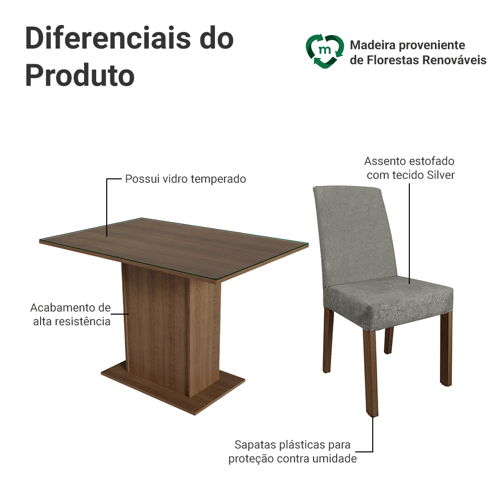 Conjunto Sala de Jantar Mesa Tampo de Vidro 4 Cadeiras Rustic/Silver Zion Madesa