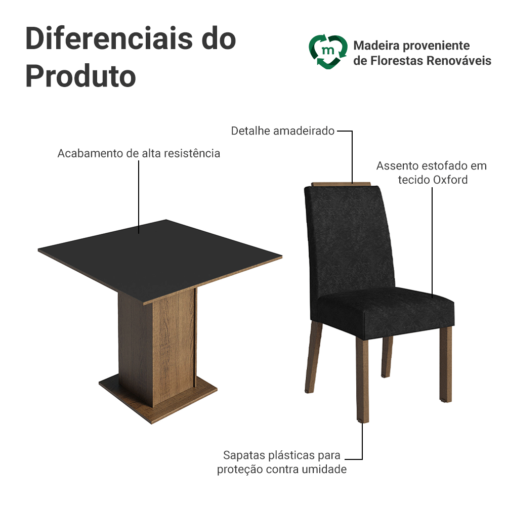 Conjunto Sala de Jantar Tampo de Madeira 4 Cadeiras Rustic/Preto/Oxford Aspen Madesa